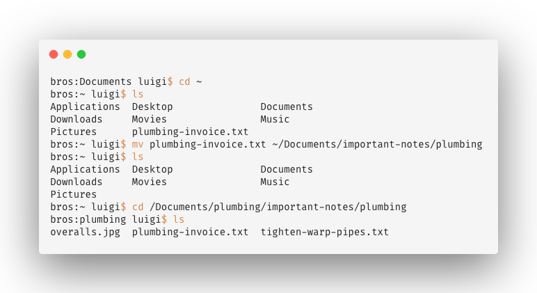 A window showing inputs and outputs to the command line, including 'ls', 'mv' and 'cd'.