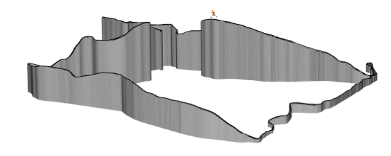 Screenshot of a 3D linechart that represents a workout route. X, Y and Z dimensions are latitude, longitude and elevation. All chart decoration has been removed. The route is circular; the southern horizontal portion has low elevation and there is a great deal of elevation to the north. The angle of the chart has been changed to show the view from the south-west. A small emoji runner is placed at the highest point.