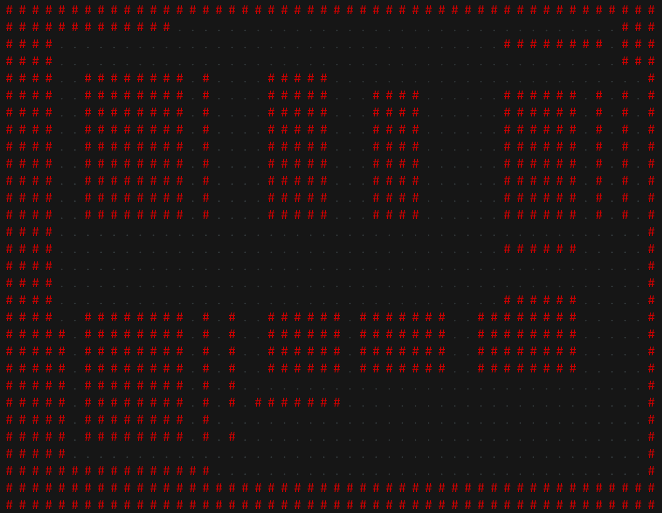 A dungeonlike map made from ASCII characters. Cave tiles are marked with a period and are black. Rock wall tiles are marked with red hashmarks. There are many straight-line corridors of different widths, which looks less organic and cavelike and more man-made.